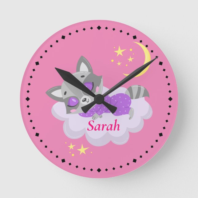 Personalized Sleeping Baby Raccoon Nursery  Round Clock (Front)