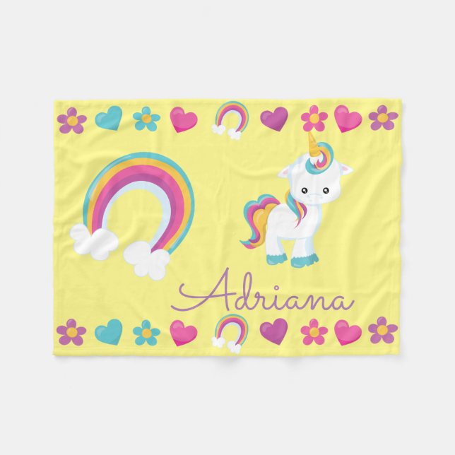 Personalized Sleeping Baby Unicorn & Rainbow Fleece Blanket (Front (Horizontal))