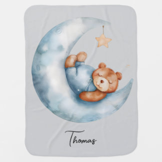 Personalized Sleeping Bear on Moon Baby Blanket
