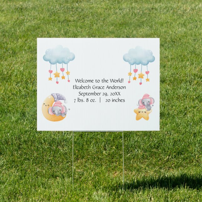 Personalized Sleeping Elephant Moon Pink Baby Girl Sign (Insitu)