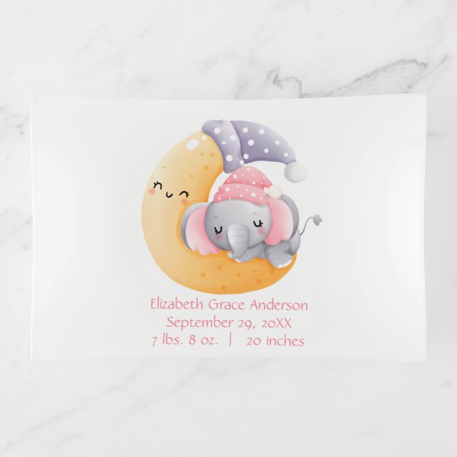 Personalized Sleeping Elephant Moon Pink Baby Girl Trinket Tray (Front)