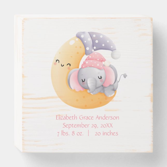 Personalized Sleeping Elephant Moon Pink Baby Girl Wooden Box Sign (Front Horizontal)