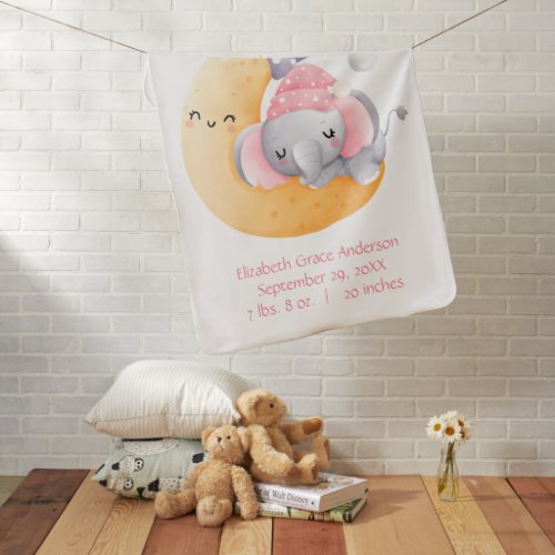 Personalized Sleeping Elephant Moon Pink Girl Baby Blanket
