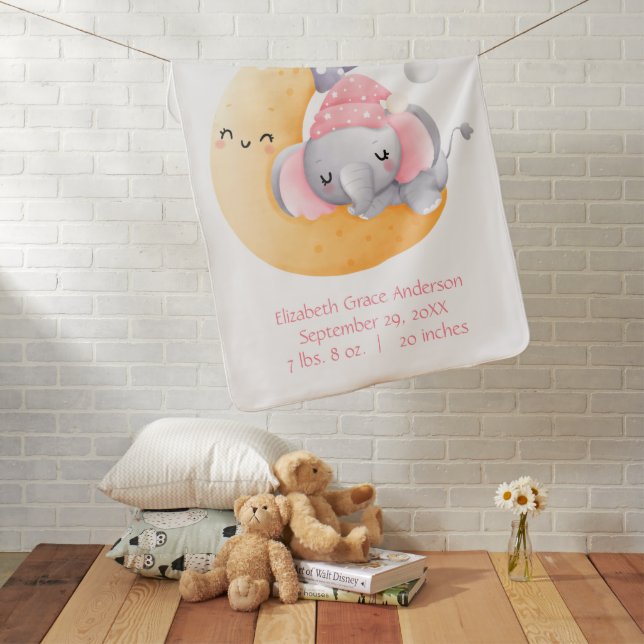 Personalized Sleeping Elephant Moon Pink Girl Baby Blanket (In Situ)