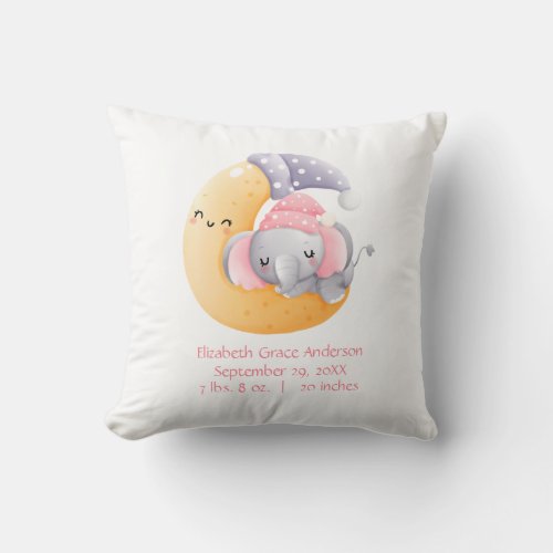 Personalized Sleeping Elephant Moon Pink Girl Baby Throw Pillow