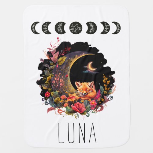 Personalized Sleeping Fox Whimsical Lunar Phase Baby Blanket