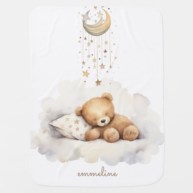Personalized Sleeping Teddy Bear Nursery Baby Blanket (Front)