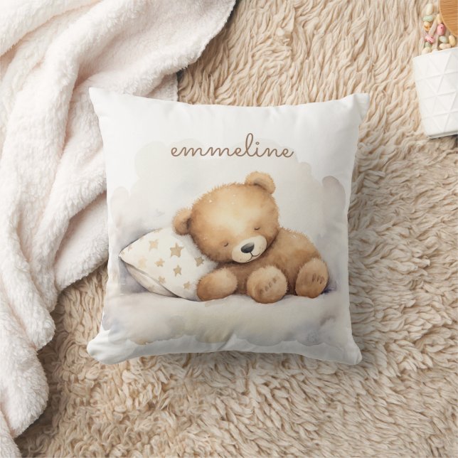 Personalized Sleeping Teddy Bear Nursery Throw Pillow (Blanket)