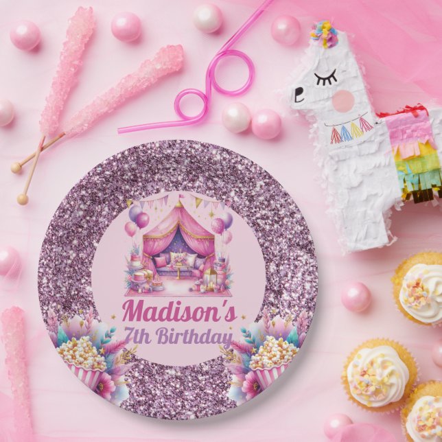 Personalized Sleepover Girl Birthday Pink Purple  Paper Plates (Party)