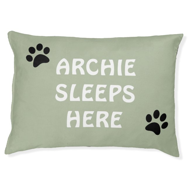 Personalized "Sleeps Here" Sage Green Dog Bed (Front)