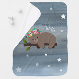 Personalized Sleepy Bear Floral Stars Watercolor Stroller Blanket