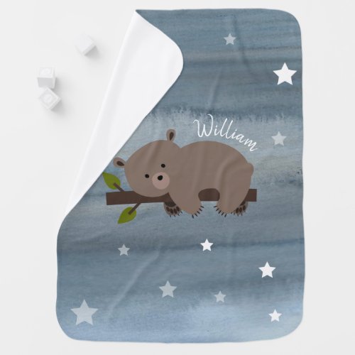 Personalized Sleepy Bear Stars Watercolor Blanket