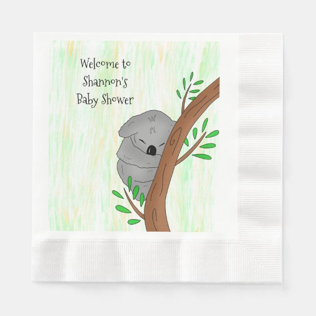 Personalized Sleepy Koala Bear Themed Baby Shower Napkins (Front)