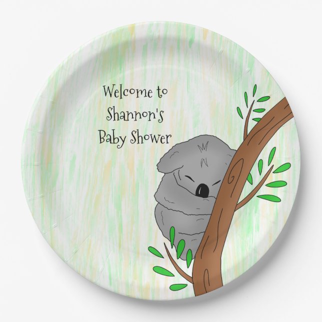 Personalized Sleepy Koala Bear Themed Baby Shower Paper Plates (Front)