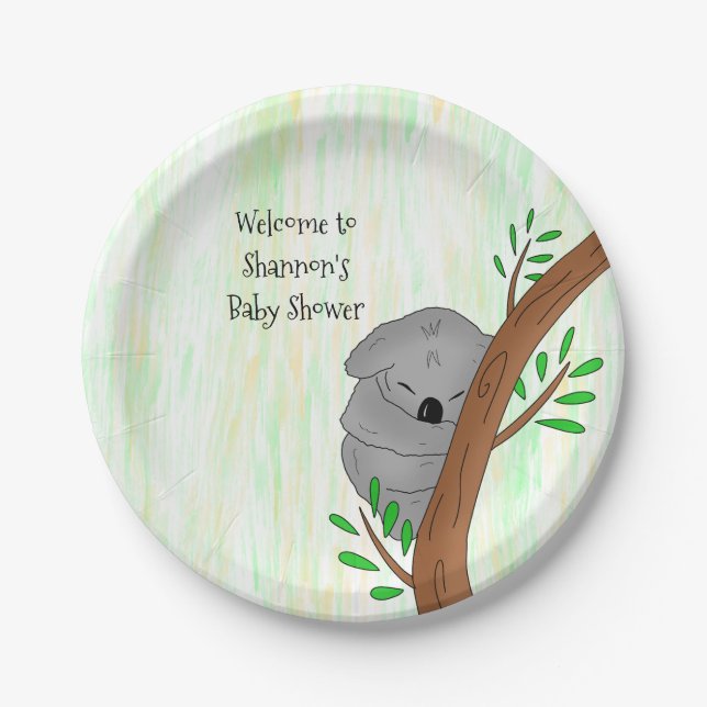 Personalized Sleepy Koala Bear Themed Baby Shower Paper Plates (Front)