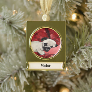 Personalized Sleepy Pug Puppy  Gold Plated Banner Ornament