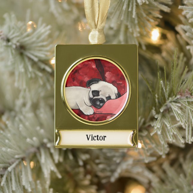 Personalized Sleepy Pug Puppy  Gold Plated Banner Ornament (Tree)