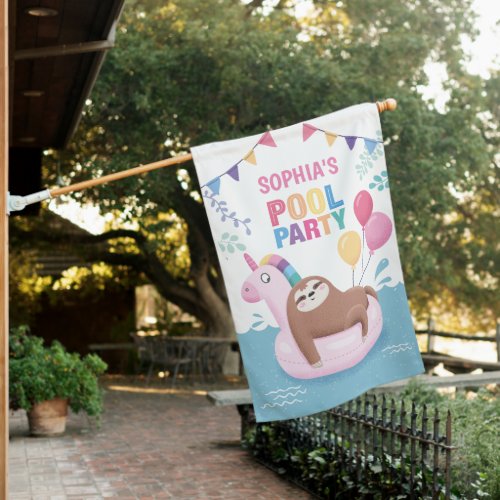Personalized Sloth and Unicorn Pool Birthday Party House Flag