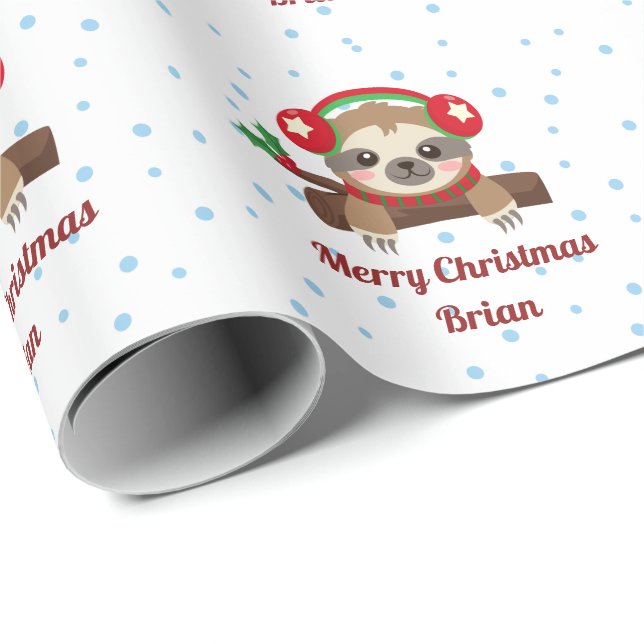 Personalized Sloth Merry Christmas Name Wrapping Paper (Roll Corner)