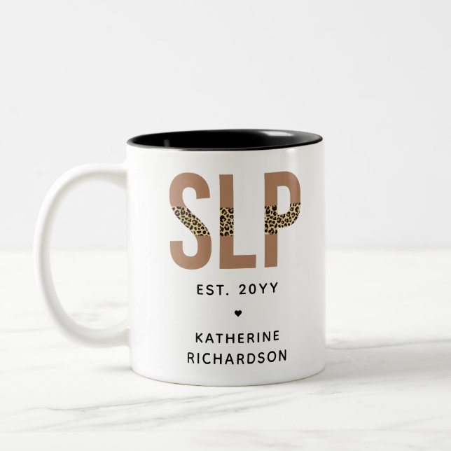Personalized SLP Speech Pathologist Leopard Print Two-Tone Coffee Mug (Left)