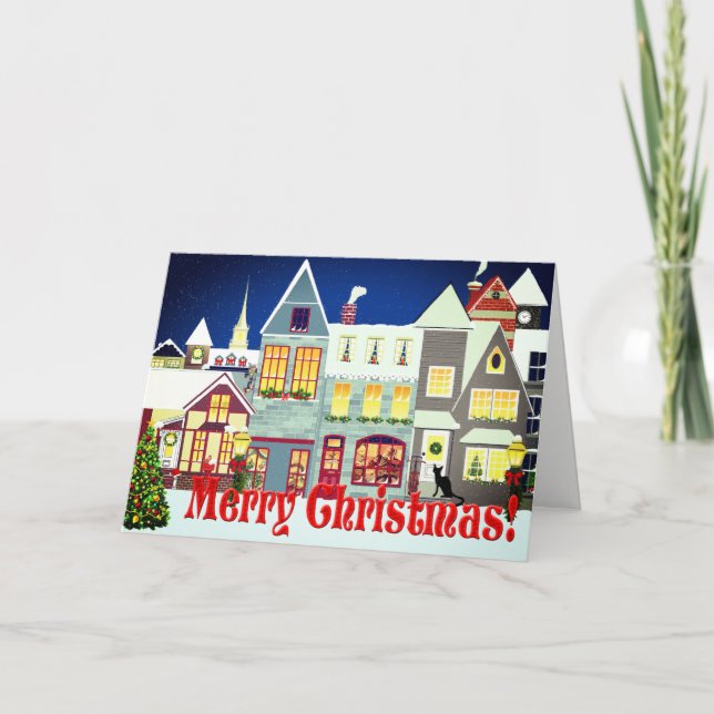 Personalized Small Town Street Scene Christmas Holiday Card (Front)