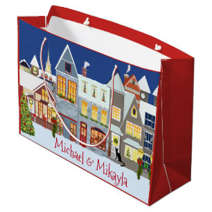 Personalized Small Town Street Scene Christmas Large Gift Bag