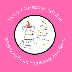 Personalized Smiling Christmas Cat On Hot Pink Wrapping Paper