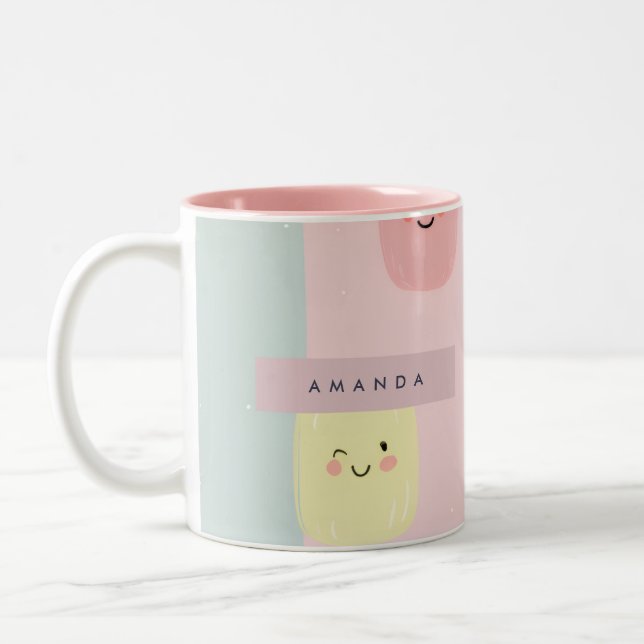 Personalized Smiling Pastel Sweets Kawaii Two-Tone Coffee Mug (Left)