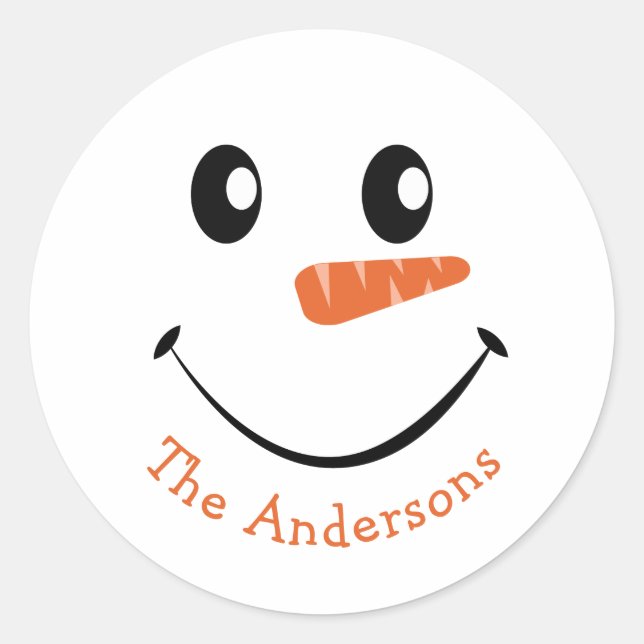 Personalized Smiling Snowman Classic Round Sticker (Front)