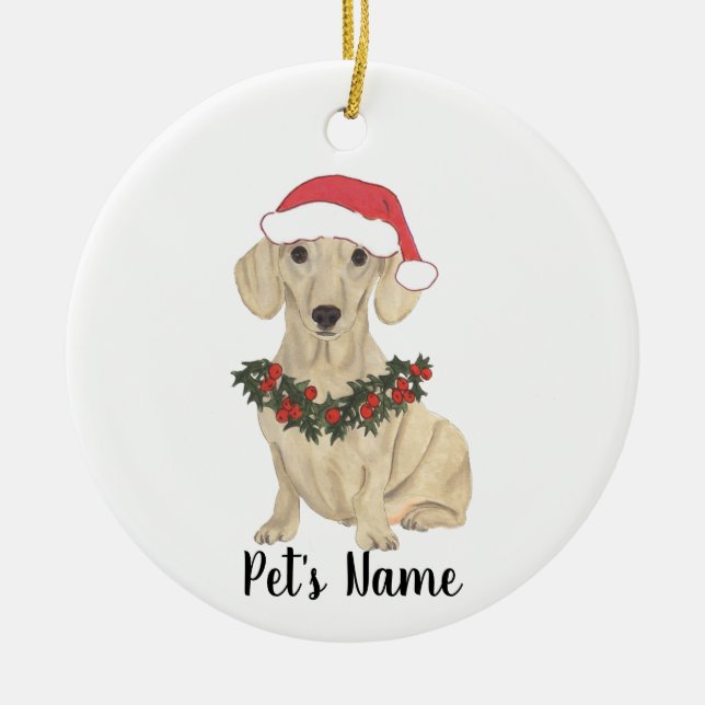 Personalized Smooth Cream Dachshund Christmas Ceramic Ornament (Front)