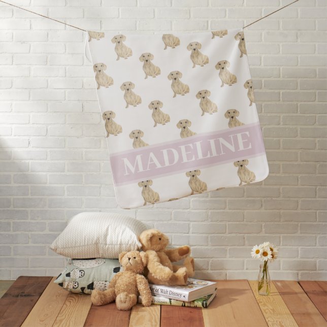Personalized Smooth Cream Dachshund Pink Baby Blanket (In Situ)