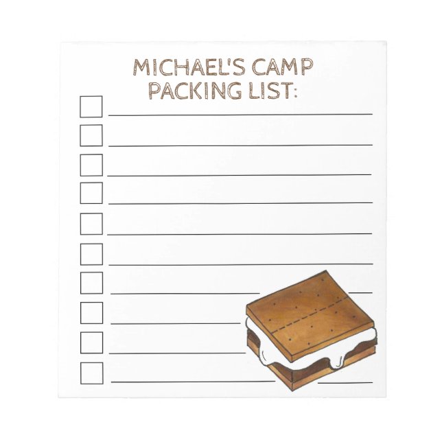 Personalized S'mores Summer Camp Checklist Notepad (Front)
