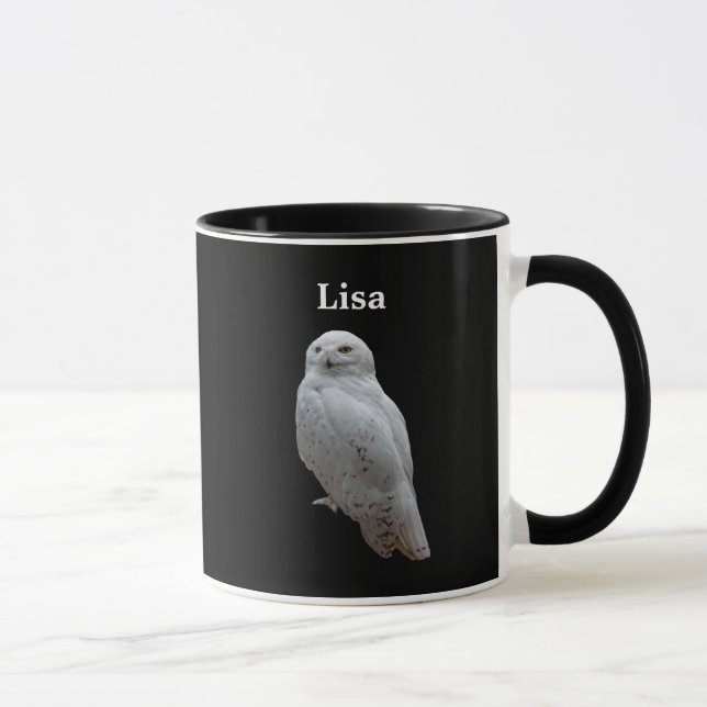 Personalized Snow Owl On Black Mug (Right)