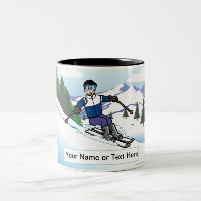 Personalized Snow Skier - Male Cartoon Two-Tone Coffee Mug (Center)