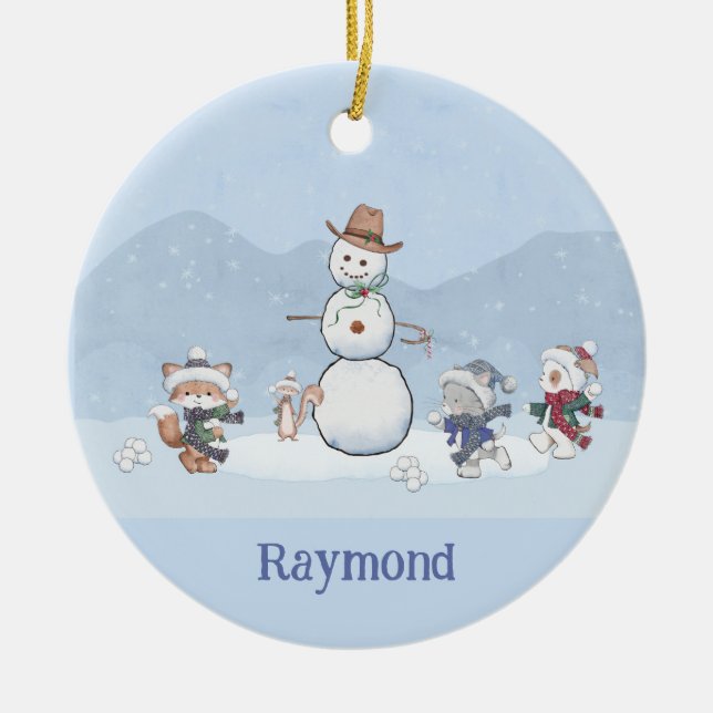 Personalized Snowball Fight Custom Snowman Animals Ceramic Ornament (Front)