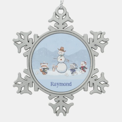 Personalized Snowball Fight Custom Snowman Animals Snowflake Pewter Christmas Ornament