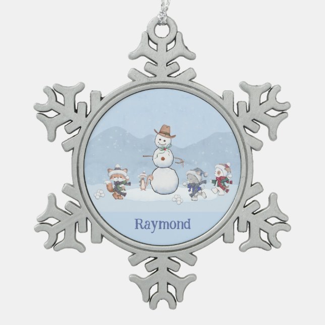 Personalized Snowball Fight Custom Snowman Animals Snowflake Pewter Christmas Ornament (Front)