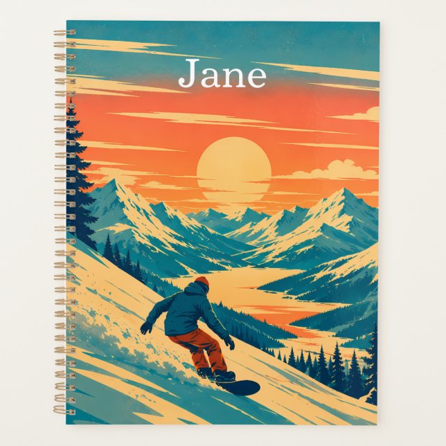 Personalized Snowboard Mountain Sunset Custom Name Planner (Front)
