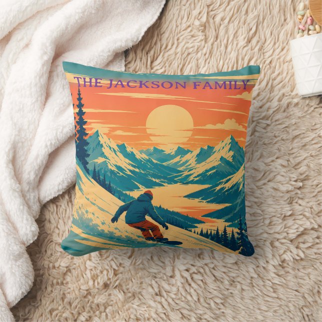 Personalized Snowboard Mountain Sunset Custom Name Throw Pillow (Blanket)
