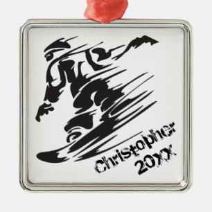 Personalized Snowboarder Snowboarding Black, White Metal Ornament