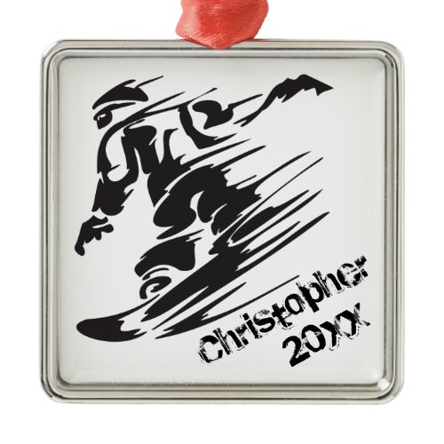 Personalized Snowboarder Snowboarding Black, White Metal Ornament