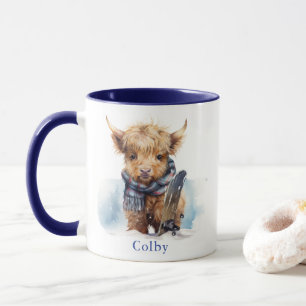 Personalized Snowboarding Highland Cow Blue Mug