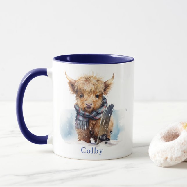Personalized Snowboarding Highland Cow Blue Mug (With Donut)