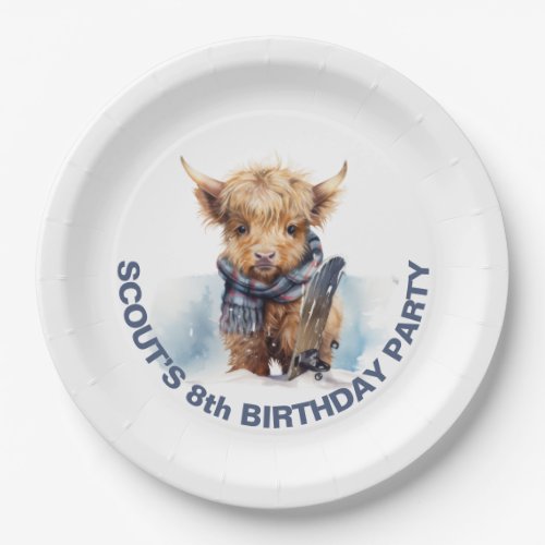Personalized Snowboarding Highland Cow Paper Plate