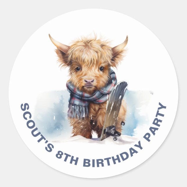 Personalized Snowboarding Highland Cow Sticker (Front)