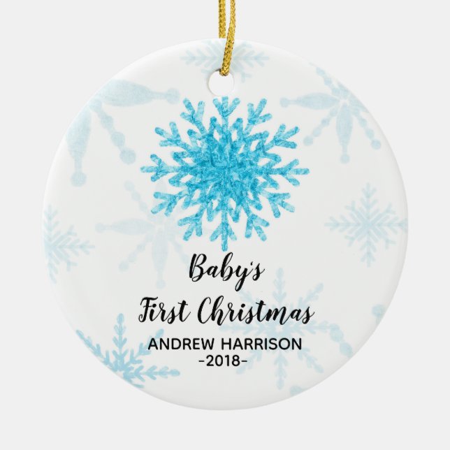 Personalized Snowflake Baby First Christmas Ceramic Ornament (Front)