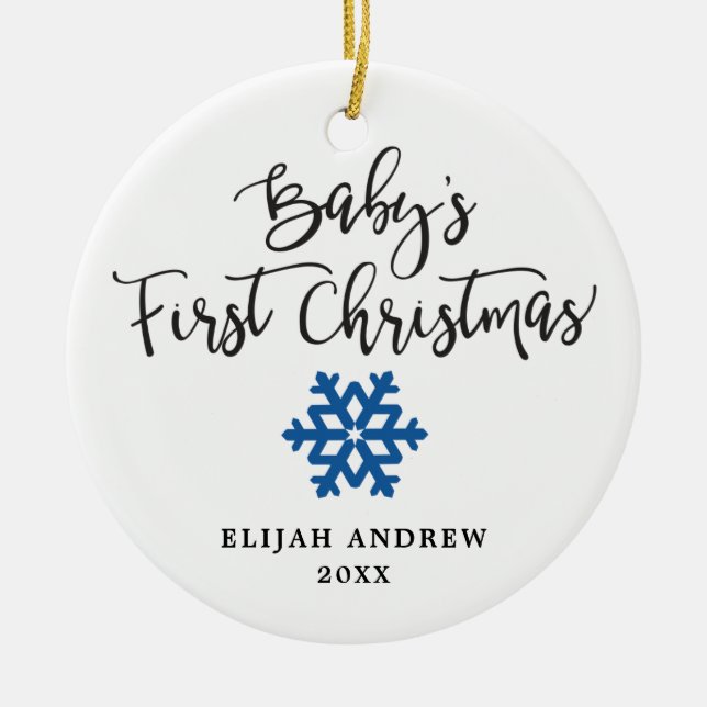 Personalized Snowflake Boy Baby's First Christmas Ceramic Ornament (Front)
