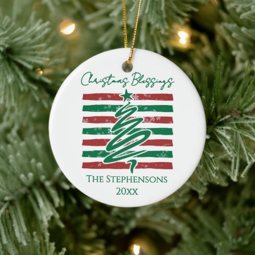 Personalized Snowflake Striped Christmas Blessings Ceramic Ornament