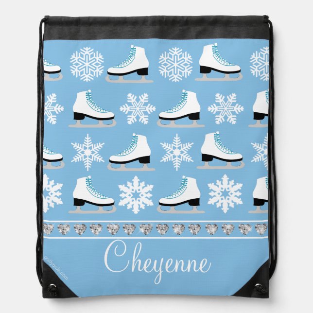 Personalized Snowflakes and Figure Skates Pattern Drawstring Bag (Front)