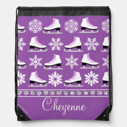 Personalized Snowflakes and Figure Skates Pattern Drawstring Bag